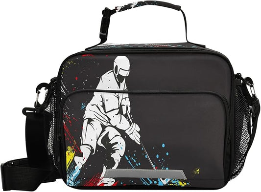 Pfrewn Hockey Player Rainbow Lunch Box for Kids School Students Insulated Lunch Bag with Shoulder Strap for Office Adults Reusable Cooler Bags Lunch Tote