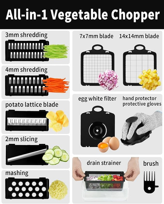 Vegetable Chopper Food Veggie Onion Chopper Kitchen Vegetable Slicer with Container Salad Cutter Multi All-in-1 Kitchen Gadgets Cheese Grater Includes Hand Guards and Gloves