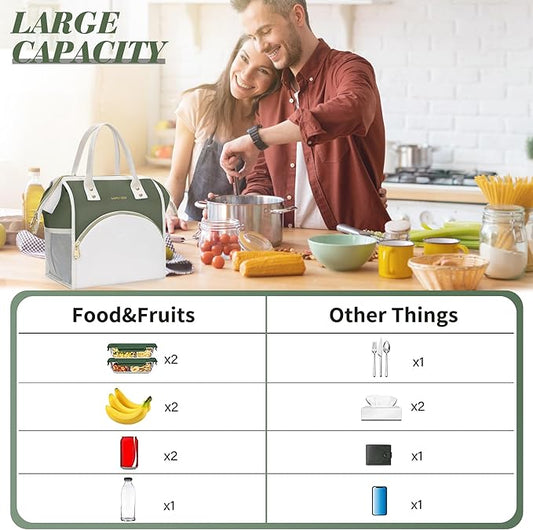LOKASS Lunch Bag Women Insulated Lunch Box, Wide-Open Lunch Tote Bag Leak-proof Cooler Bag for Work Picnic-（Army Green）