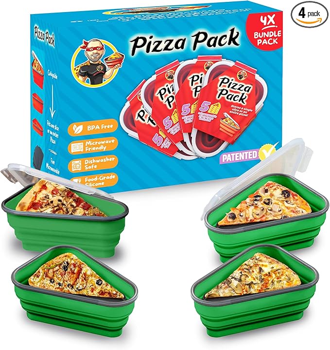 PIZZA PACK The Perfect Reusable Pizza Storage Container with 5 Microwavable Serving Trays - BPA-Free Adjustable Pizza Slice Container to Organize & Save Space, 4 Pack, Green