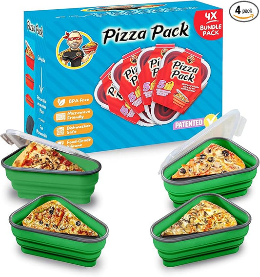 PIZZA PACK The Perfect Reusable Pizza Storage Container with 5 Microwavable Serving Trays - BPA-Free Adjustable Pizza Slice Container to Organize & Save Space, 4 Pack, Green