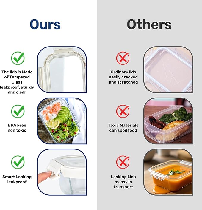 YSSOA Food Meal Prep Containers with Exclusive Glass Lids, Glass Storage Containers with Lids, BPA-Free, Glass Lunch Boxes for Lunch, Pantry Organizers and Storage, Freezer to Oven Safe, 4 Pack