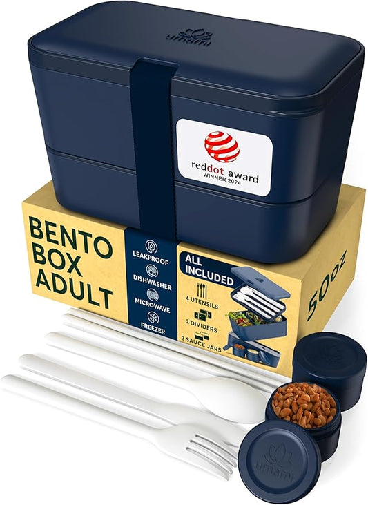Umami Lunch Box Containers w/ 4 Utensils, 2 Sauce Jars, Nestable Space-Saving Bento Box Adult, 100% Leakproof, Microwavable Lunch Containers for Adults, Design Award Winner, Midnight Blue, 50 oz