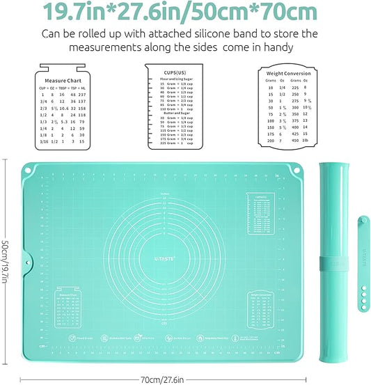 18/8 Stainless Steel Measuring Spoons Set for Dry and Liquid Ingredients (Set of 9), and 20inx28in Large Silicone Pastry Mat Food-Grade Non-Stick Dough Rolling Mat (Aqua Sky)