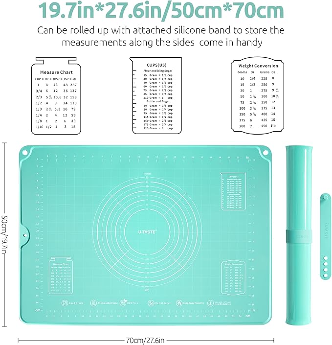 18/8 Stainless Steel Measuring Spoons Set for Dry and Liquid Ingredients (Set of 7), and 20inx28in Large Silicone Pastry Mat Food-Grade Non-Stick Dough Rolling Mat (Aqua Sky)