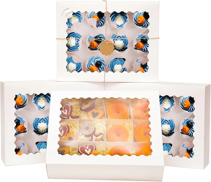 qiqee 12 Cupcake Boxes with Window 16-Packs White Cupcake Box 13"x10"x3.5" Cupcakes Carrier, 12 Cupcake Containers