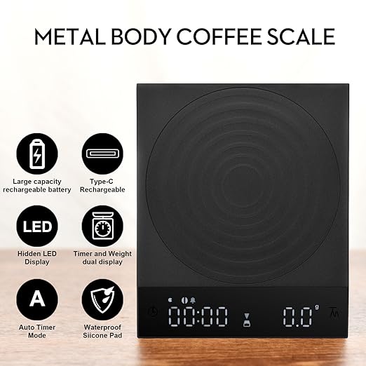 2kg/0.1g Precision Coffee Scale, Rechargeable Mini Espresso Scale with Timer, Portable Digital Kitchen Scale, Food Scale with Auto Timer (Black)