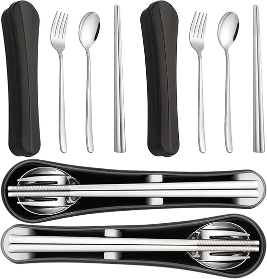 2 Pack Travel Utensils with Case, PHILIPALA Portable Reusable Silverware Set for Lunch Work Picnic, 18/8 Stainless Steel Camping Cutlery Set Includes Fork Spoon Chopsticks(Silver)