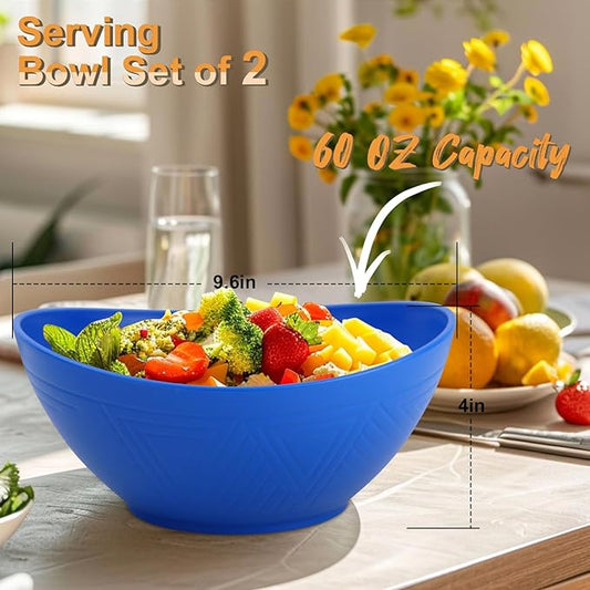 Homienly Salad Bowls 60 OZ Large Serving Bowls Wheat Straw Bowls Set of 2 Unbrekable Bowls for Kitchen, Serving, Camping, Fruit, Ramen Microwave and Dishwasher Safe - Blue