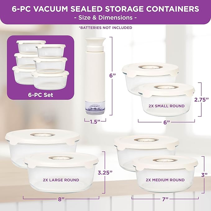 HOLDN’ STORAGE Vacuum Food Storage Containers, Set of 6 Glass Containers plus a Manual Vacuum Pump – Keep Food Fresh Longer, BPA-Free Glass, Leak-Proof, Ideal for Meal Prep, Marinating.