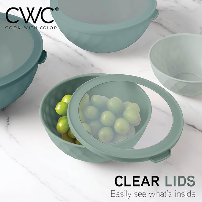 COOK WITH COLOR Mixing Bowls with Lids - 12 Piece Plastic Nesting Bowls Set includes 6 Prep Bowls and 6 Lids, Non Slip Bottom and Diamond Design - Microwave Safe (Mint)