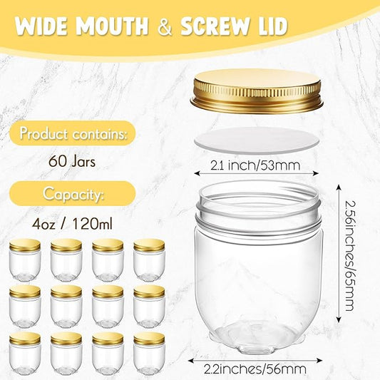 Tanlade 60 Pcs 4 oz Clear Plastic Wide Mouth Mason Jars with Lids Small Honey Jar Mini Storage Containers Bulk for Herb Jelly Butter Wedding Favors Shower Party(Gold)