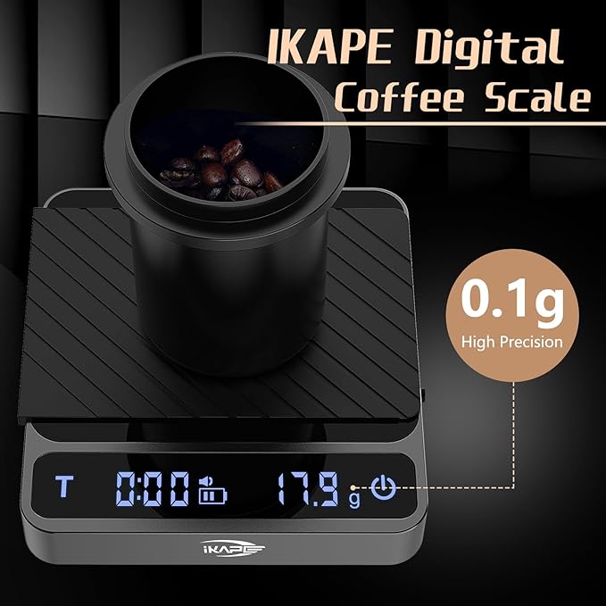 IKAPE Digital Coffee Scale, Premium Aluminium Espresso Scales with Timer, 2kg/0.1g High Precision Rechargeable Drip Espresso Scale with Tare Function, LED Display(Black)
