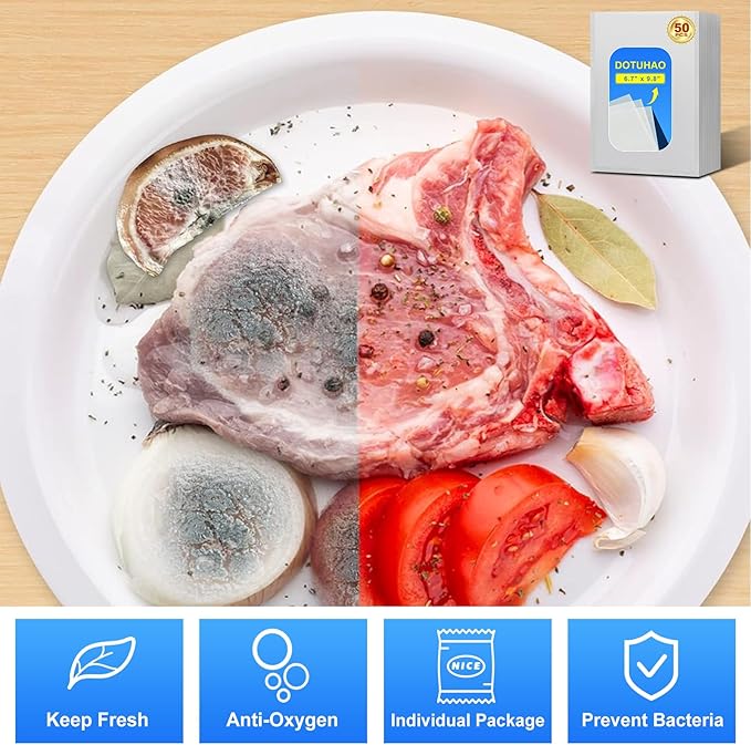 Vacuum Sealer Bags for Food, 7" x 10", 50 Pcs, Reusable, BPA-Free, Plastic, Self Seal, Tear Resistant, Extruded/Calendared Plastic with Air-removal Channels