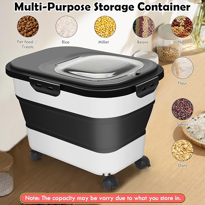 Rice Storage Container, 20Lbs Flour Container, Airtight Large Pet Dog Cat Food Storage Dispenser Bin with Wheels, Scoop & Measuring Cup, Collapsible Kitchen Dry Food Holder for Rice Cereal Kibble