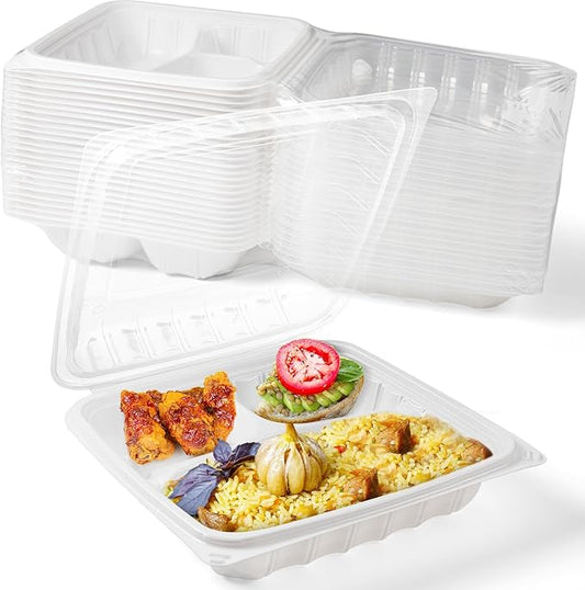 YANGRUI To Go Containers, Reusable Anti-Fog Shrink Wrap 25 Pack 8 x 8 Inch 34 OZ White Plastic Meal Prep Boxes BPA Free Microwave Freezer Safe 3 Compartment Clamshell Take Out Container