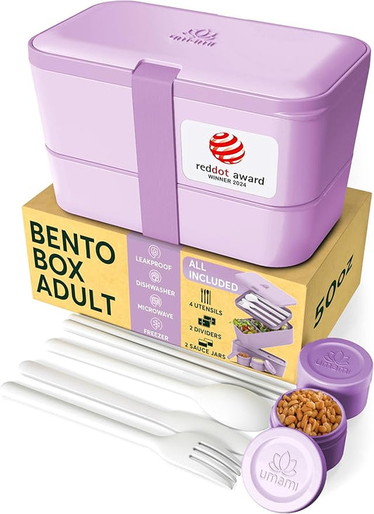Umami Lunch Box Containers w/ 4 Utensils, 2 Sauce Jars, Nestable Space-Saving Bento Box Adult, 100% Leakproof, Microwavable Lunch Containers for Adults, Design Award Winner, Lavender Purple, 50 oz