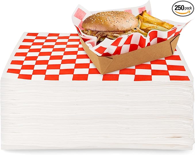 12” Deli Squares (250 Pack) - Red & White Checkered Deli Papers - Greaseproof Liners for Food Boats - Pre Cut Deli Sandwich Wrappers - Food Basket Sheets for BBQ, Picnic, Festival - Stock Your Home