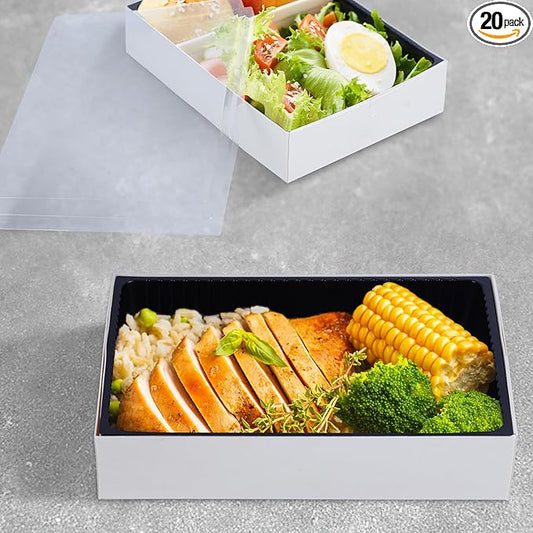 Take out containers with lids To Go food containers,20 Pcs 7×5.51×2.3in disposable food containers with lids,Plastic transparent cover, foldable paper square food trays disposable to go boxes