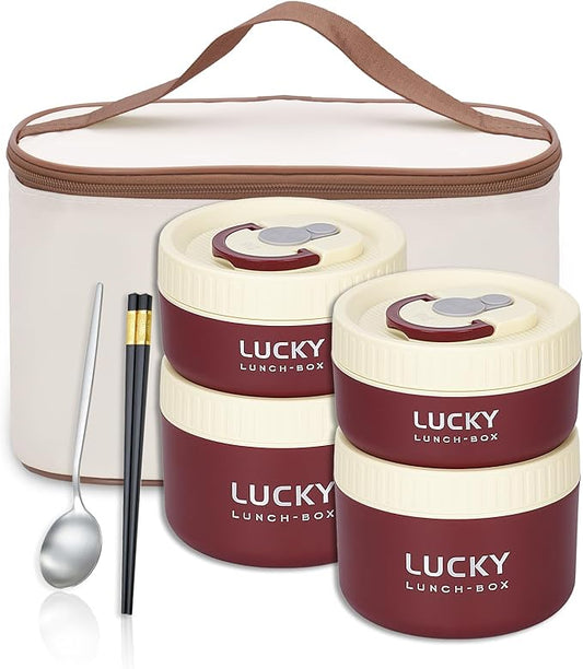 Portable Insulated Lunch Containers, Stainless Steel Bento Box Adult Lunch Box with Insulated Lunch Bag, 4 Separate Stackable Lunch Container for Adult, Red