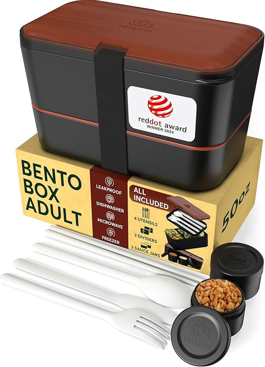 Umami Premium Lunch Box Containers w/ 4 Utensils, 2 Sauce Jars, Nestable Space-Saving Bento Box Adult, 100% Leakproof, Microwavable Lunch Containers for Adults, Sapele Black, 50 oz