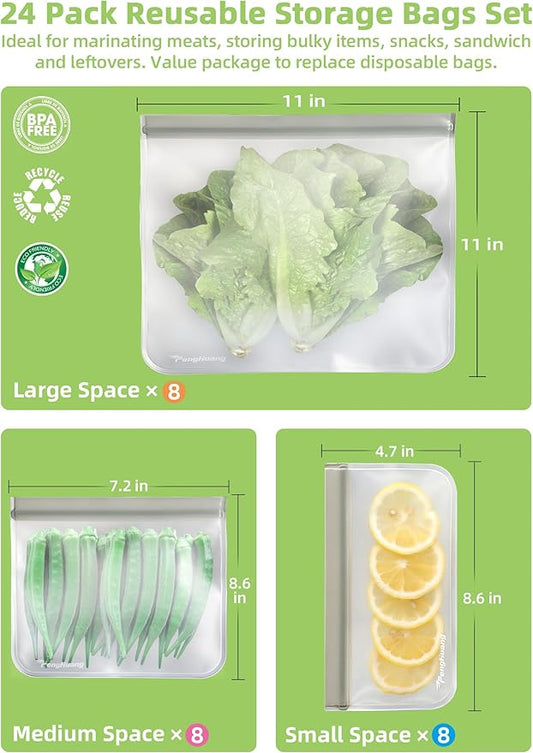 24 Reusable Food Storage Bags, Freezer Bags with Pack BPA FREE (8 Reusable Gallon Bags+8 Leakproof Reusable Sandwich Bags+8 Food Grade Snack Bags) EXTRA THICK Reusbale Lunch Bag for Salad Fruit