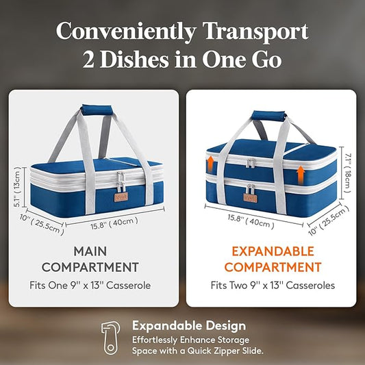 Lifewit Expandable Insulated Casserole Carrier for Hot or Cold Food, Double Decker Food Bag Lasagna Holder Carry Tote for Potluck Parties/Picnic/Cookouts, Fits 9"x13" Baking Dish, Pure Blue