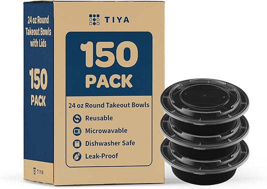 TIYA Takeout Food Containers – 24 oz Bulk 150 Pack with Lids – Plastic Food Storage To-Go Round Bowls – Reusable, Microwavable, Dishwasher Safe – Leak-Proof and Great for Meal Prep – BPA-Free