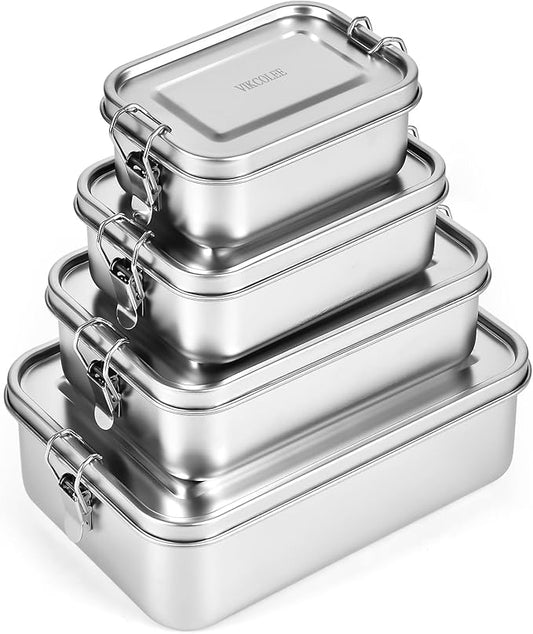4 PCS Stainless Steel Bento Box 4-Size, Metal Lunch Box, Food Containers, Lunch Container for Home, Work, Camping (550ml+850ml+1400ml+2400ml)