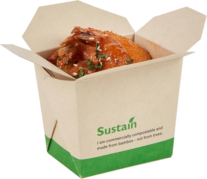 Restaurantware Sustain 8 Ounce Sturdy Paper Take Out Boxes, 200 Disposable Take Out Food Containers - With PLA lining, Compostable, Bamboo Paper Containers, Built-In Tab-Lock Cover, Greaseproof