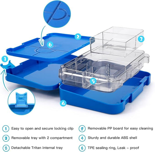 JOYHILL Bento Lunch Box for Kids, Adult Kids Lunch Box with 4-6 Compartment, Leak Proof Lunch Box Containers BPA-Free for Toddler Daycare School Travel, M-blue shark