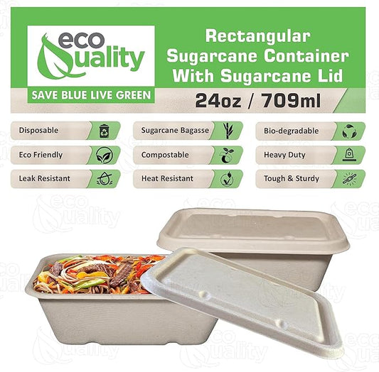 EcoQuality 24oz Disposable Bowls with Fiber Lids - Rectangular Compostable Sugarcane Fiber Biodegradable Paper Bowls Eco-Friendly Take Out Food Storage Containers, Microwave Safe, Meal Prep (100)