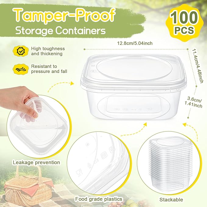 100 Pack 8 oz Tamper Proof Containers with Lid Square Deli Containers Plastic Sandwich Tiramisu Container with Lids Airtight Meal Container for Kitchen Storage