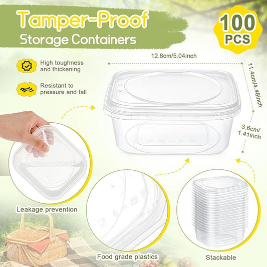 100 Pack 8 oz Tamper Proof Containers with Lid Square Deli Containers Plastic Sandwich Tiramisu Container with Lids Airtight Meal Container for Kitchen Storage