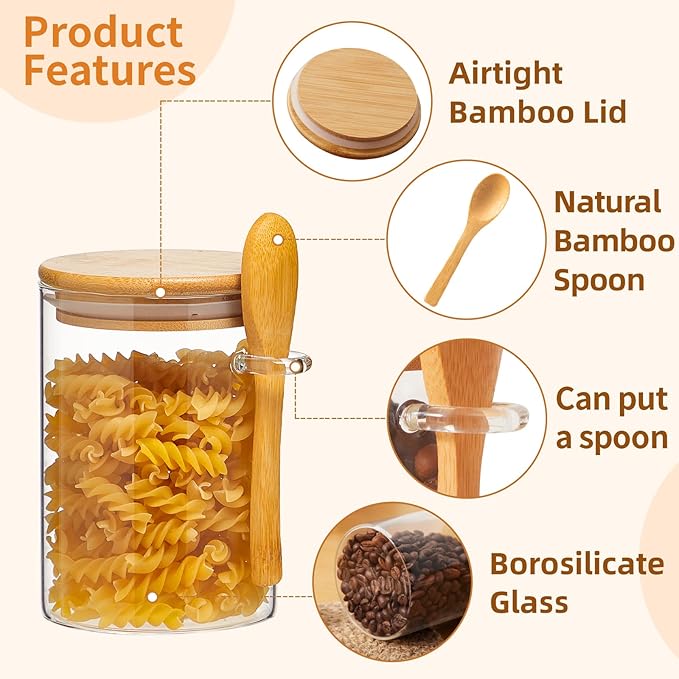Set of 4 Airtight Glass Jars with Bamboo Lids and Spoons, 22 OZ Overnight Oats Containers with Lids,Glass Food Storage Jars Perfect for Coffee, Tea, Sugar, Spices, Beans, and More