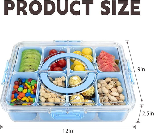 Divided Serving Tray with Lid and Handle,8 Compartments Snacks Box,Snack Fruit Tray,Veggie Tray,Portable Platter for Candy Fruits Nuts Snack Party Entertaining Picnic(1PCS Blue)