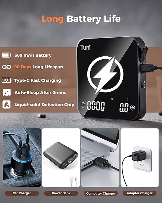 Tuni S1-BP Mini Coffee Scale with Timer, Rechargeable Digital Espresso Scale with Auto Timing, 0.1g/2kg Accurate Scale for Espresso and Pour-Over Coffee