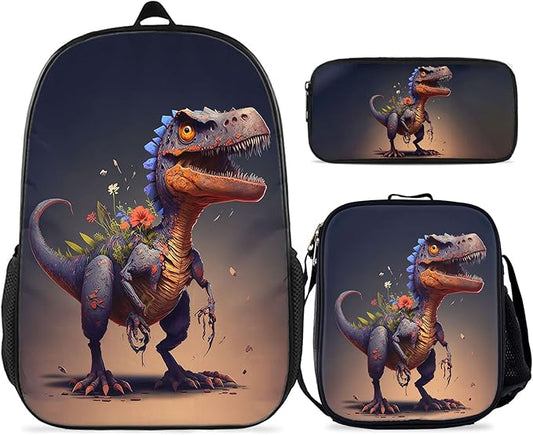 Dinosaurs Backpack - Bundle 3 Pieces for Teens, Boys and Girls Dinosaurs Backpack Includes Bookbags Insulated Lunch Bag and Pencil Case Perfect for School and Everyday Use