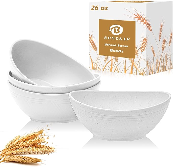 Premium Wheat Straw Bowls 26 OZ, Unbreakable Plastic Bowls Reusable Microwave and Dishwasher Safe Bowl for Camping, Rv, Apartmen, Party 4 PCS Kitchen Bowl (White)