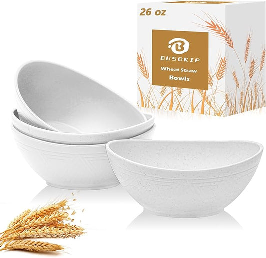 Premium Wheat Straw Bowls 26 OZ, Unbreakable Plastic Bowls Reusable Microwave and Dishwasher Safe Bowl for Camping, Rv, Apartmen, Party 4 PCS Kitchen Bowl (White)