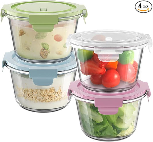 4 PCS Glass Meal Prep Containers with Lids, Airtight 2 Cup Glass Storage Containers Set, Heat-Resistant BPA-Free Glass Containers for Soup Leftover, Microwave, Dishwasher, and Freezer Safe (4 Packs)