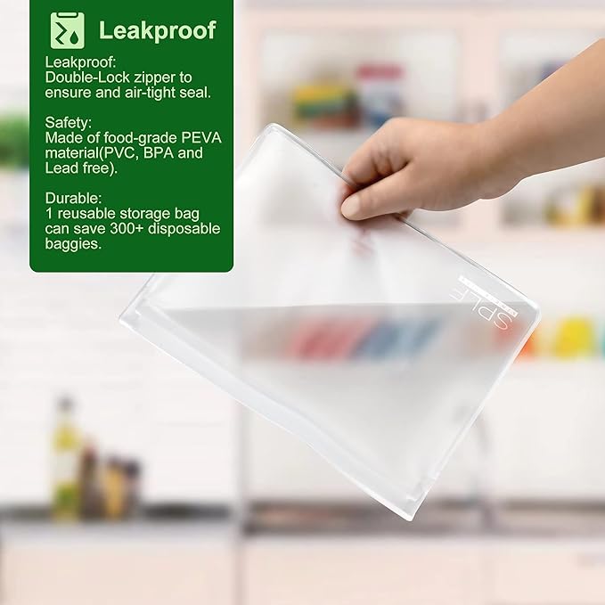 SPLF 8 Pack Dishwasher Safe Reusable Storage Bags (4 Half Gallon Freezer Bags, 4 Quart Sandwich Snack Bags), BPA FREE Stand Up Extra Thick Leakproof Silicone and Plastic Free Zipper Lunch Food Bags