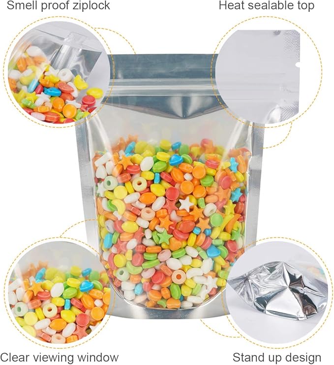 Vasdoo Reusable Aluminum Foil Stand Up Food Pouches Bags, Resealable Ziplock Mylar Bags for Food Storage (50 pcs, 5.9x8.6 inch)