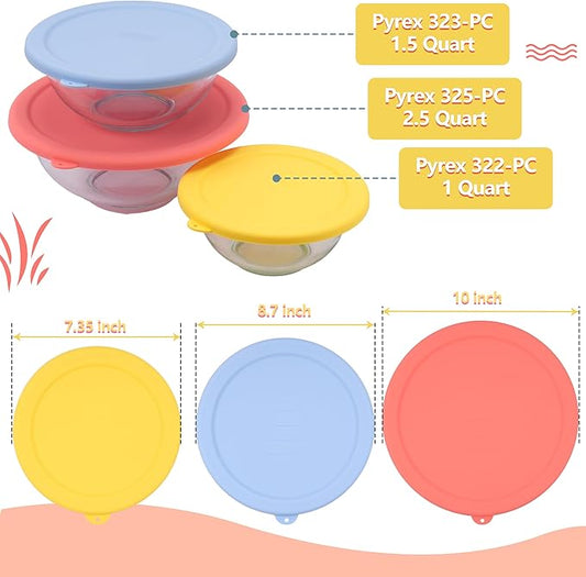 3 Pack Silicone Lids Only Fit for Pyrex 322-1 Quart / 323-1.5 Quart / 325-2.5 Quart Smart Essentials Rimmed Glass Mixing Bowls, Dishwasher and Microwave Safe (Lids Only)