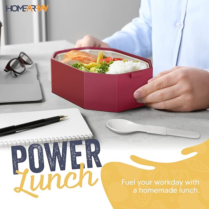 Stainless Steel Stackable Bento Box Adult Lunch Box with Cutlery - Hot/Cold - Separates Ideal Portion Sizes - Reusable Tin Inserts - Dishwasher Safe - Stackable Lunch Container for Adults with Spork