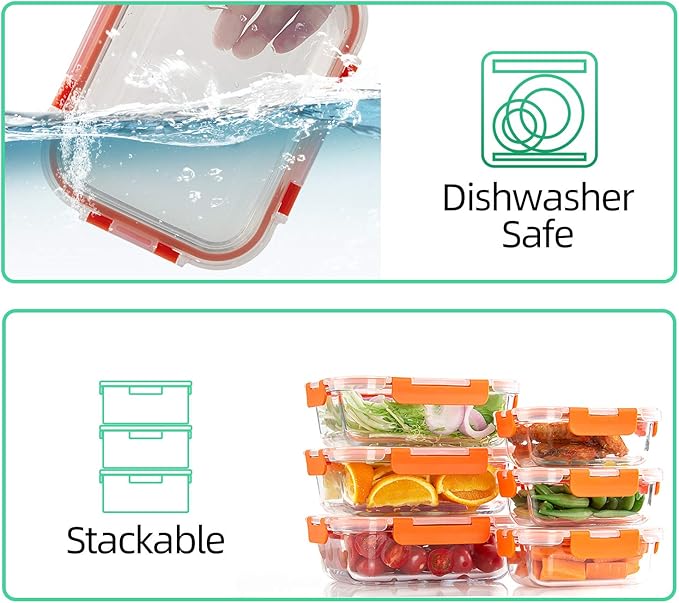 C CREST [10-Pack] Glass Food Storage Containers - Food Prep Containers with Lids - Microwave, Oven, Freezer and Dishwasher Safe
