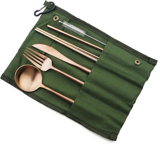 Reusable Travel Utensils, 7 Piece Portable 304 Stainless Steel including Knife Fork Spoon Chopsticks Cleaning Brush Straws Portable Pouch, Eco-friendly Camping Silverware Set, Dishwasher Safe