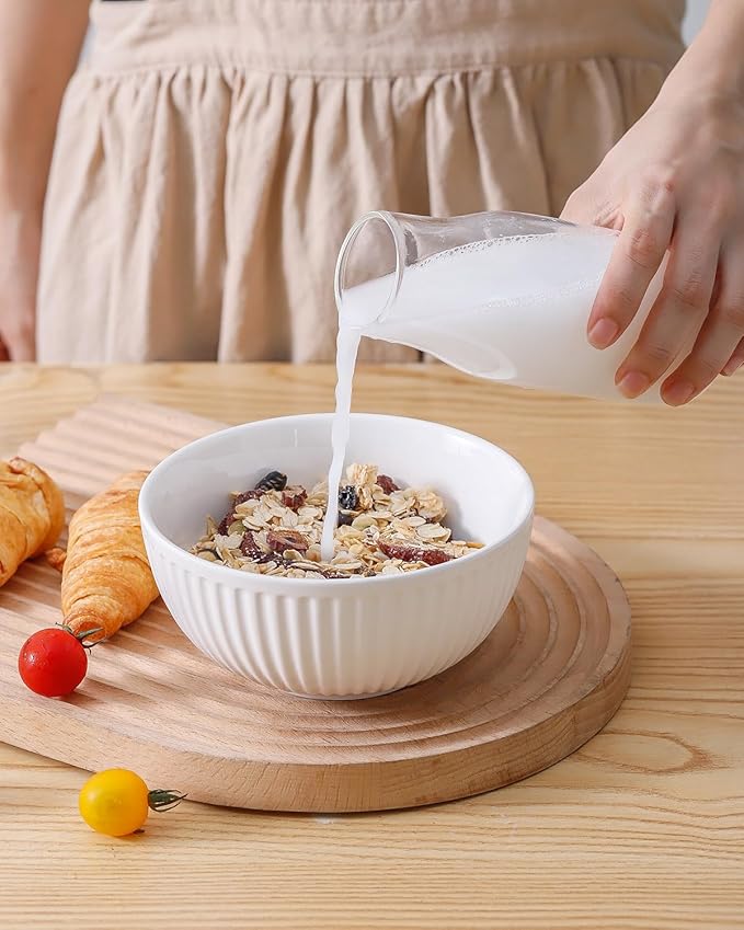 Hasense Ceramic Soup Bowls, 20 Ounces Cereal Bowls for Kitchen, 5.7 Inch White Serving Bowls Set for Salad Pasta Fruit Oatmeal, Rice Bowls with Striped, Microwave and Dishwasher Safe