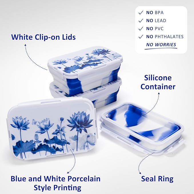 Collapsible Food Storage Containers with Lids in Blue and White Porcelain China Style, 48oz, 4 Pack, Stackable Silicone Containers for Food Lunch, Microwave Freezer Dishwasher Safe, White