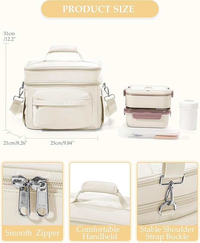 Lunch Box Women Insulated Lunch Bag Men Expandable Waterproof Leakproof Lunch Boxes Large Lunch Tote Cooler Bag for Work with Water Bottle Holder Beige